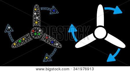 Glossy Mesh Three Bladed Screw Rotation Icon With Glow Effect. Abstract Illuminated Model Of Three B