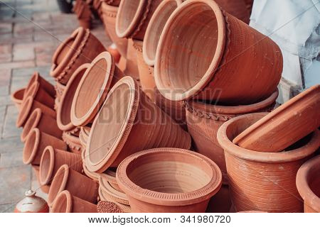 Terracotta Clay Planter Pots For Plants On Sale At A Street Market In New Delhi India