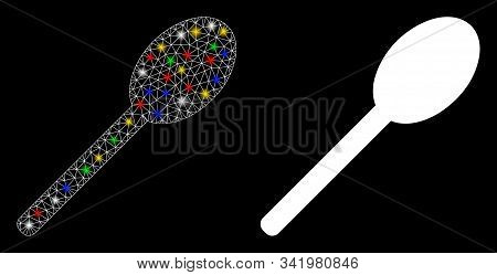 Glossy Mesh Spoon Icon With Lightspot Effect. Abstract Illuminated Model Of Spoon. Shiny Wire Carcas