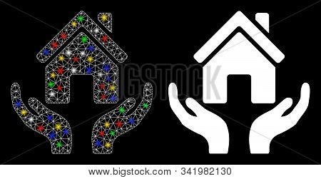 Glossy Mesh House Care Hands Icon With Glitter Effect. Abstract Illuminated Model Of House Care Hand