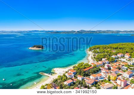 Small Adriatic Town Of Pakostane, Aerial View, Dalmatia, Croatia, Seascape View From Drone