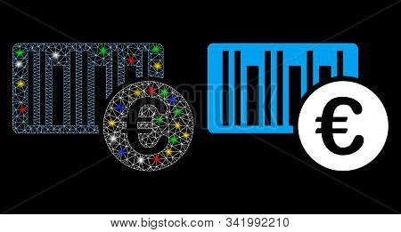 Glowing Mesh Euro Bar Code Price Icon With Lightspot Effect. Abstract Illuminated Model Of Euro Bar 