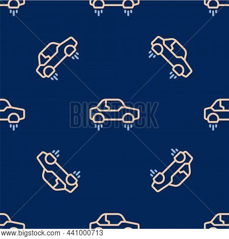 Line Fantastic Flying Car Icon Isolated Seamless Pattern On Blue Background. Hover Car Future Techno
