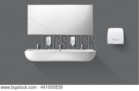 Public Toilet With White Ceramic Sink And Mirror. Vector Realistic Accessories For Interior Restroom