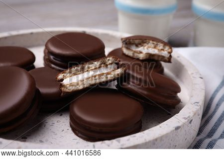 Tasty Choco Pies In Plate, Closeup View