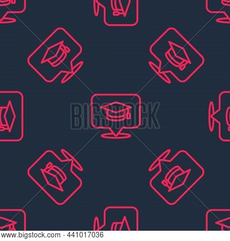 Red Line Graduation Cap In Speech Bubble Icon Isolated Seamless Pattern On Black Background. Graduat