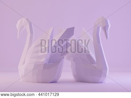 Paper Sculpture Of A Polygonal Swans, Folded Paper Animal, Papercraft, Two Swans Love Concept, 3d Re