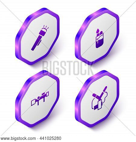 Set Isometric Flashlight, Lighter, Sniper Optical Sight And Slingshot Icon. Purple Hexagon Button. V