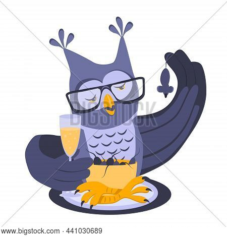 Owl Sits With A Glass Of Champagne And Holds A Mouse. In The Paws Is A Bowl With Mice. Cartoon Vecto