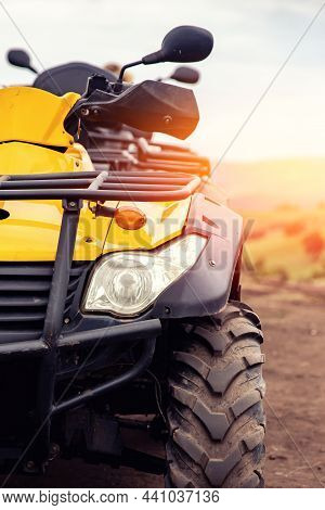 Atv Quad Bike On Forest Offroad, Front View, Sunlight