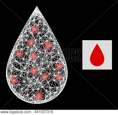 Illuminated Net Blood Drop Icon With Light Spots And White Mesh On A Black Background. Light Vector 