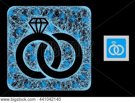Bright Crossing Mesh Diamond Wedding Rings With Light Spots On A Black Background. Light Vector Mesh