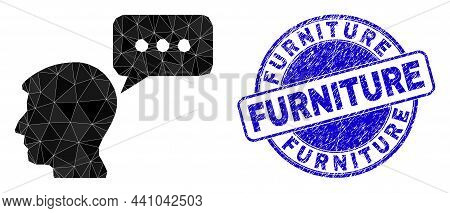 Low-poly Polygonal User Mention Symbol Illustration With Furniture Grunge Stamp. Blue Seal Includes 