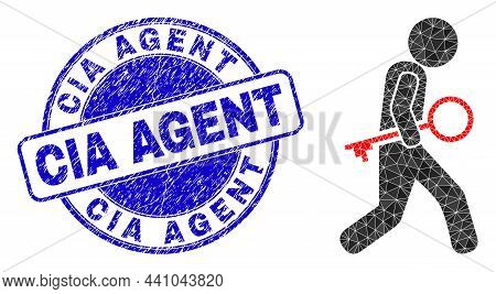 Lowpoly Triangulated Key Thief 2d Illustration, And Cia Agent Grunge Seal Imitation. Blue Seal Has C
