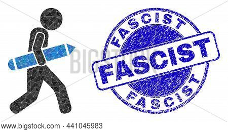 Lowpoly Polygonal Pencil Courier Icon Illustration With Fascist Dirty Stamp Seal. Blue Stamp Seal Ha