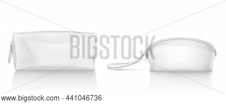 White Cosmetic Bag With Zipper For Makeup And Beauty Tools. Vector Realistic Mockup Of Blank Fabric 