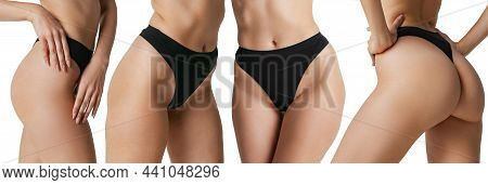 Cropped Images Of Sportive Bodies, Bellies And Bottocks Of Young Women In Underwear Isolated On Pink