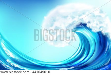 Realistic Wave, Big Ocean Or Sea Curve Water Splash With White Foam On Crest In Motion On Blue Backg