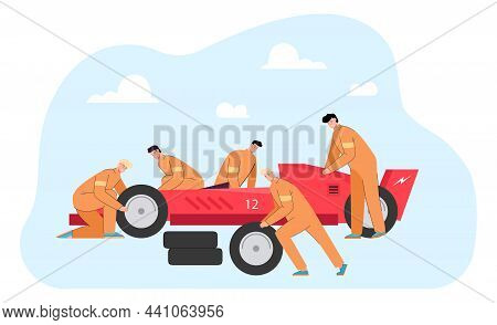 Maintenance Team Changing Wheels Of Racing Car On Pit Stop. Mechanics In Uniform Repairing Auto Flat