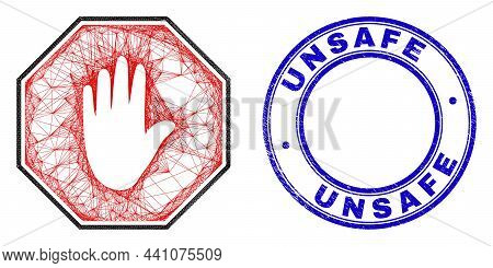 Hatched Irregular Mesh Stop Octagon Hand Icon, And Unsafe Dirty Round Seal Imitation. Abstract Lines