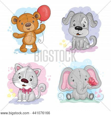 Cute Cartoon Teddy Bear With Balloon, Elephant With Butterfly, Cute Cartoon Cat And Dog. Good For Gr