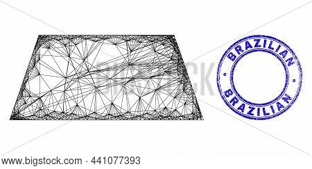 Carcass Irregular Mesh Trapezoid Icon With Brazilian Coffee Grunge Round Seal. Abstract Lines Form T