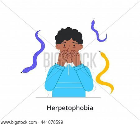 Phobias And Fears Concept. Herpetophobia. Frightened Male Character Covers Face With His Hands And A