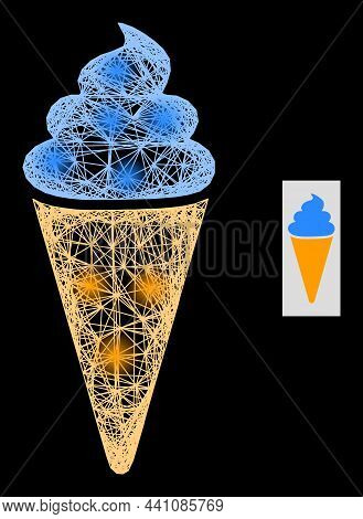 Flare Net Mesh Ice Cream With Lightspots On A Black Background. Illuminated Vector Structure Is Base