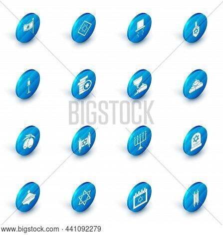 Set Star Of David, Orthodox Jewish Hat With Sidelocks, Hanukkah Dreidel, Burning Candle In Candlesti