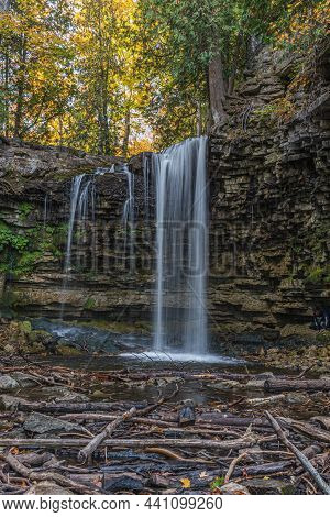 Waterfall In Hilton Falls Park At Autumn Day