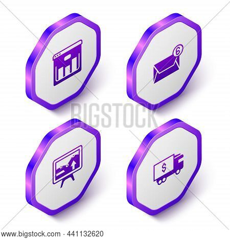 Set Isometric Browser With Stocks Market, Mail And E-mail, Monitor Graph Chart And Armored Truck Ico