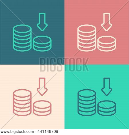 Pop Art Line Dollar Rate Decrease Icon Isolated On Color Background. Cost Reduction. Money Symbol Wi