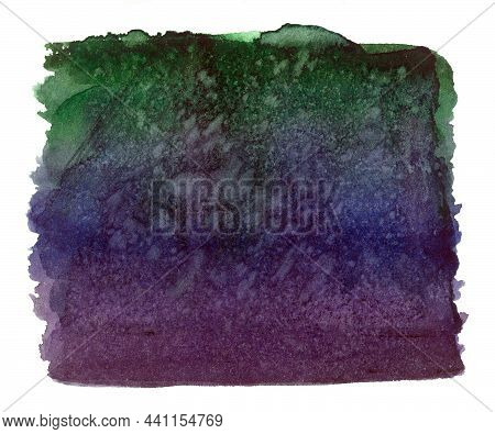 Watercolor Dark Cold Purple Green Blue Gradient Like A Space. Colorful Hand Drawn Spot Isolated On W