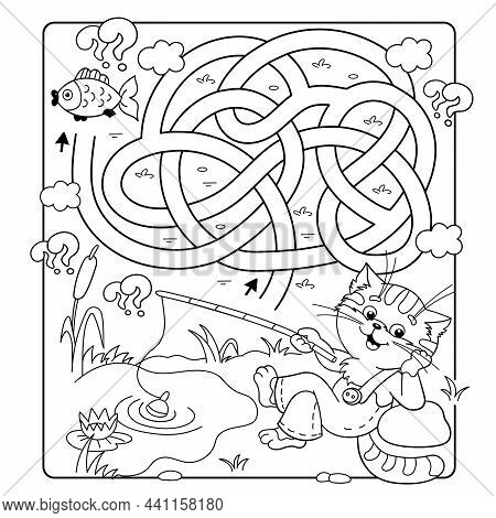 Maze Or Labyrinth Game. Puzzle. Tangled Road. Coloring Page Outline Of Cartoon Cat With Fishing Rod.