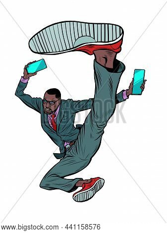 Kick Jump Black Businessman With Smartphone, Success Energy Leader. Martial Arts, Karate And Wushu