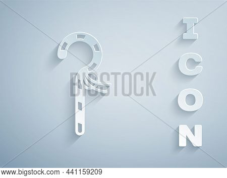Paper Cut Crook Icon Isolated On Grey Background. Ancient Egypt Symbol. Scepters Of Egypt. Paper Art