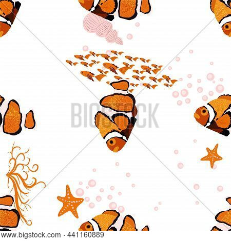 Amphiprion, Orange Bright Sea Dweller Clown Fish Surrounded By Water Bulbs, Hand Drawn