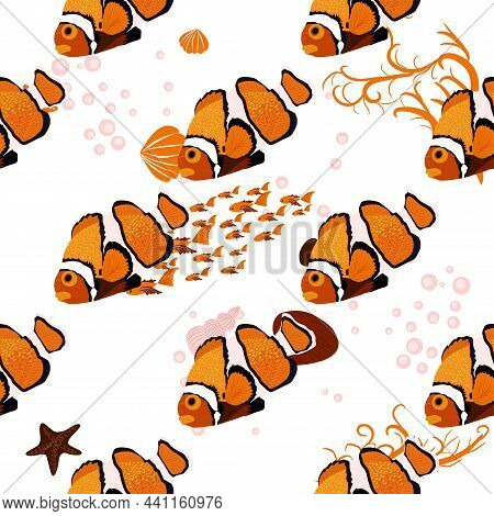 Amphiprion, Orange Bright Sea Dweller Clown Fish Surrounded By Water Bulbs, Hand Drawn