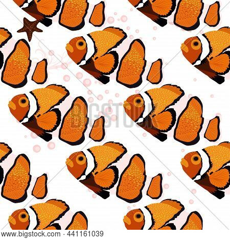 Amphiprion, Orange Bright Sea Dweller Clown Fish Surrounded By Water Bulbs, Hand Drawn