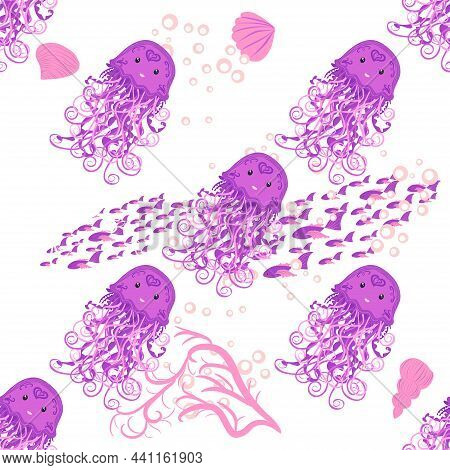 Jellyfish, Fish, Animals Bright Seamless Patterns. Sea Travel, Snorkeling With Animals, Tropical Fis
