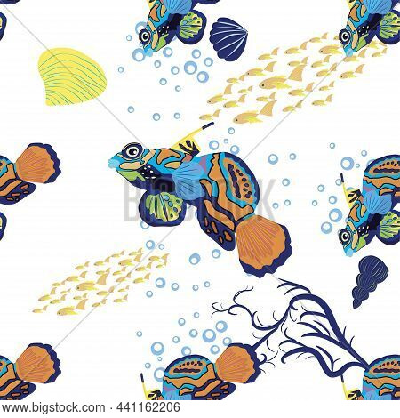 Mandarin Fish Seamless Patterns. Beautiful Character Among Seashells, Seaweed, Starfish, Sea Animal