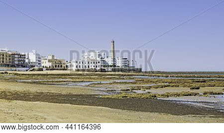 Fishing Pens At Low Tide On The Beach Of Chipiona, Cadiz, Andalusia, Spain. Andalusian Village Tradi