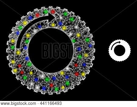 Glossy Hatched Mesh Tire Rotaion Direction Icon With Glitter Effect On A Dark Background. Bright Mul