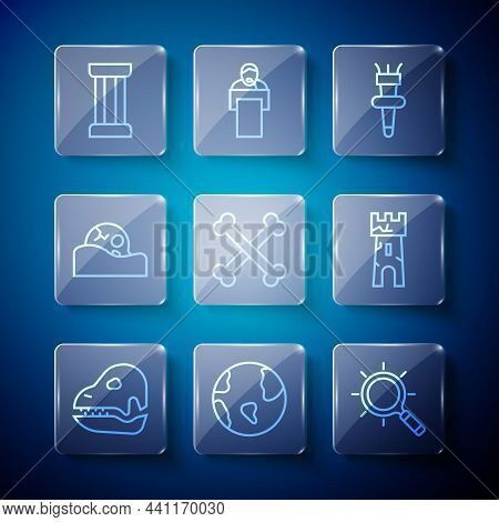 Set Line Dinosaur Skull, Earth Globe, Magnifying Glass, Torch Flame, Crossed Human Bones, Human, Anc