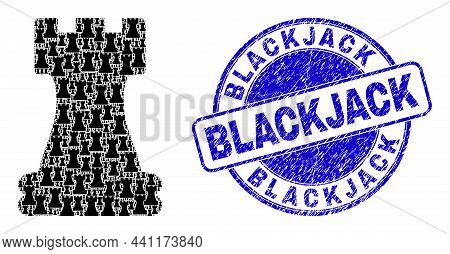 Vector Chess Rook Icon Mosaic Is Constructed With Random Self Chess Rook Parts. Blackjack Scratched 