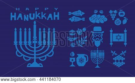 Happy Hanukkah. Jewish Holiday Hanukkah Greeting Card .  Holiday Elements.  Menorah, Wreath, Candles