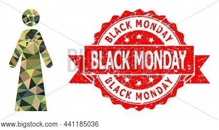 Lowpoly Polygonal Sad Woman Military Camouflage 2d Illustration, And Black Monday Corroded Seal Prin