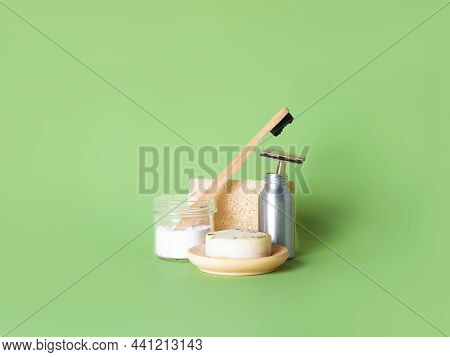 The Bamboo Toothbrush In Glass With Toothpowder And The Steel Multiple-use Razor In The Bottle, Natu