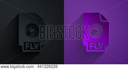 Paper Cut Flv File Document Video File Format. Download Flv Button Icon Isolated On Black On Purple 