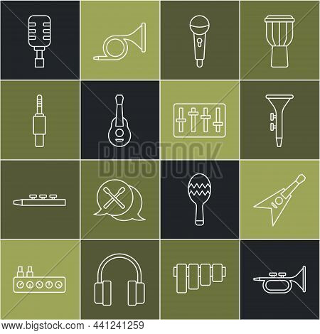 Set Line Trumpet, Electric Bass Guitar, Drum And Drum Sticks, Microphone, Guitar, Audio Jack, And So